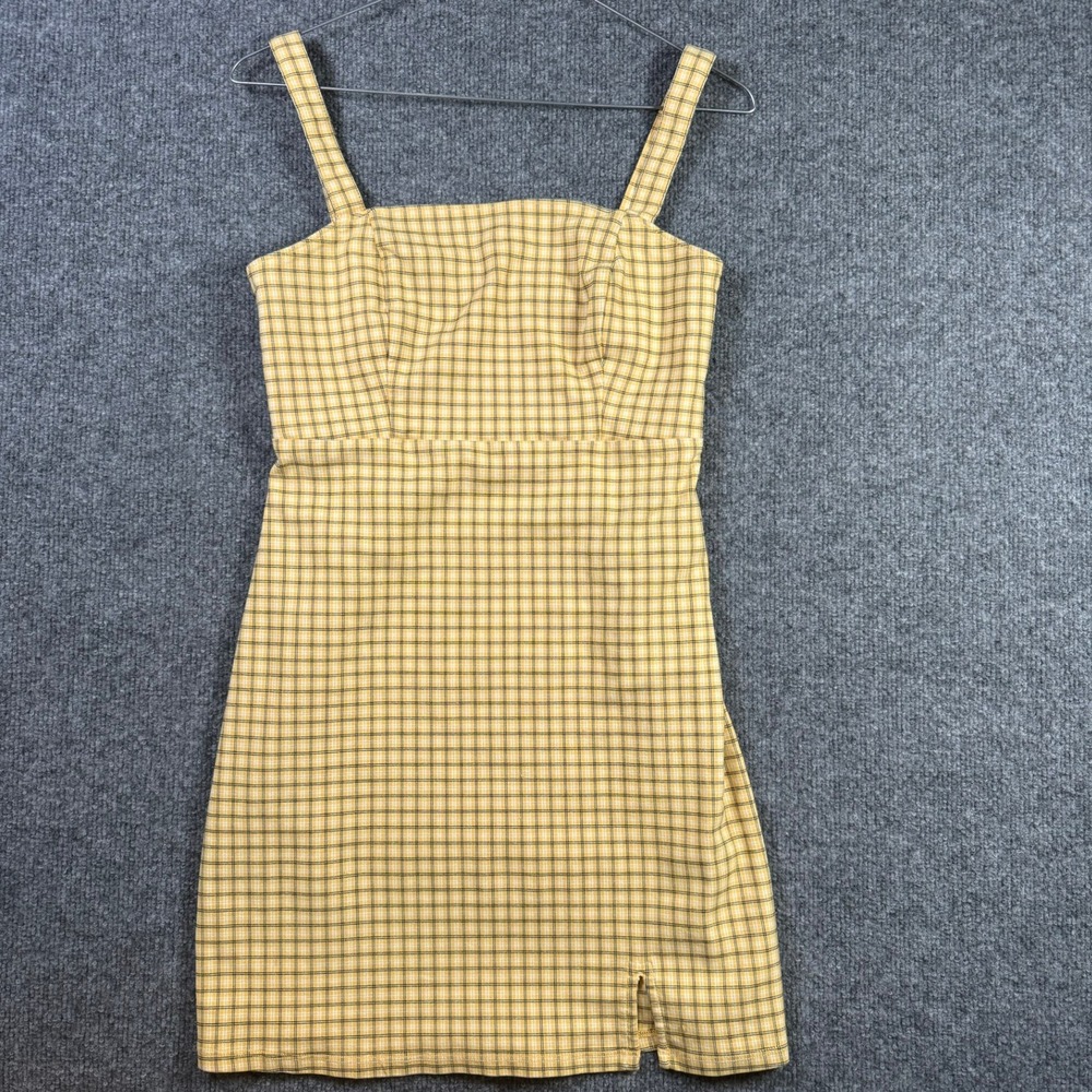 Hollister Plaid Mini Dress Womens Small Yellow Square Neck Sleeveless Slit Hem